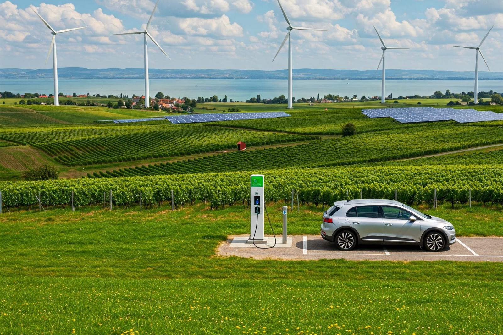 Elektroauto beim Schnellladen an modernster Ladestation mit nachhaltiger Energieversorgung